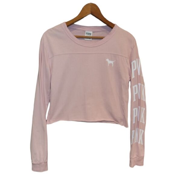 PINK Victorias Secret Pale Pink Logo Crop Long Sleeve Top Size S - Picture 1 of 11